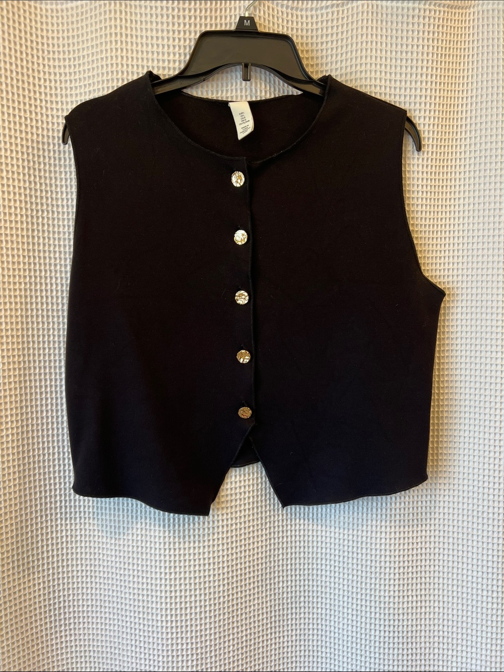 H&M Black Collarless Vest with Gold Button Accents